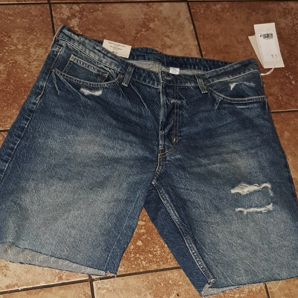 Blue Distressed Jean Shorts with Rolled Hem